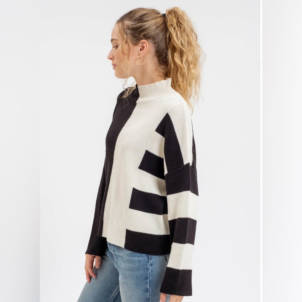 A15- Stripe Colorblock Mock Neck Knit Sweater